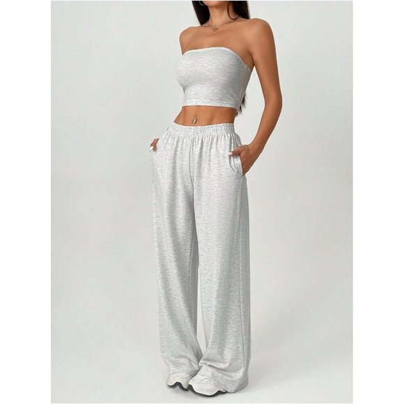 Women's Petite 2 Piece Outfits Tube Top Wide Leg Pants Set Tracksuit - Picture 2 of 6